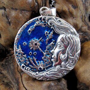 Solid 925 Sterling Silver Crescent Moon Goddess Pendant by Oberon Zell w/ Enamel